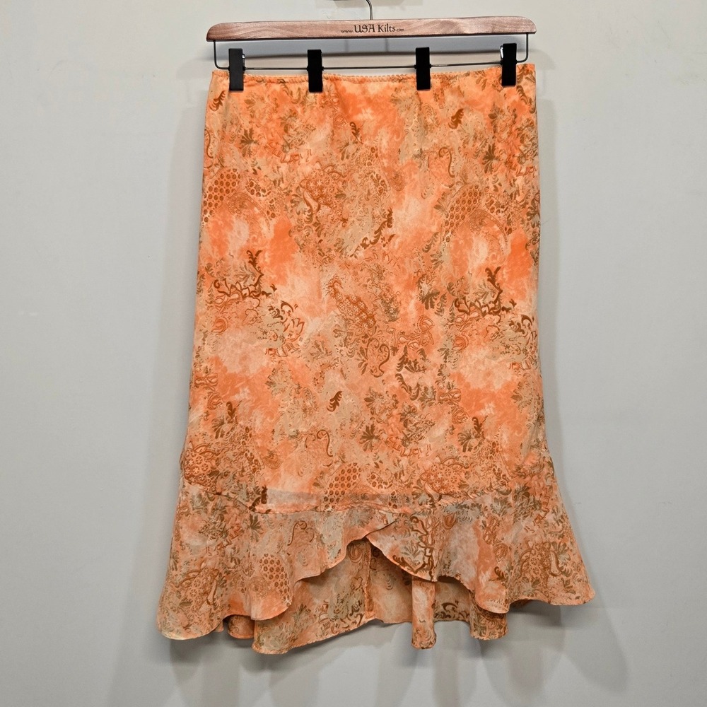 Y2K Millenium Asymmetrical Midi Skirt Womens 18 Orange Paisley Ruffle Boho Fairy